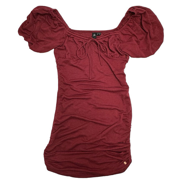 Volcom Juniors Size Small Shore Shook Ruched Short Sleeved Mini Dress Maroon - Picture 1 of 16